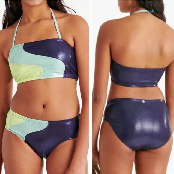 Justice Girls 7/8 Beach Shine Bikini Set Navy Blue Aqua Neon Green Shimmer - Picture 1 of 12